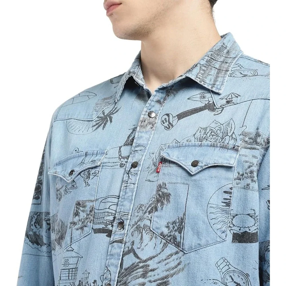 Levis Mens The Western Standard Fit‎ Denim Shirt Blue Beach Surf Print XL NWT